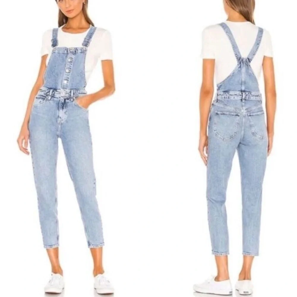 Free People We The Free Shelby Cropped Denim Overalls Stone Beach Wash
